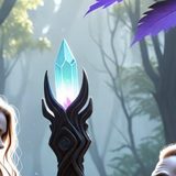 A carved wooden staff topped with a glowing cyan crystal in a misty forest