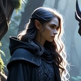 Portrait of an elf mage with long dark hair in a misty forest