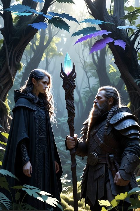An elf mage in a dark cloak and a bearded dwarf warrior holding a staff with a glowing cyan crystal, in a misty forest with blue and purple leaves